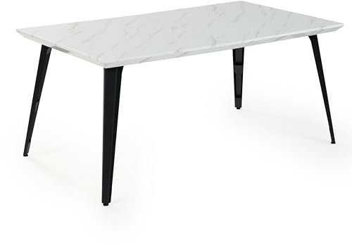 FurnitureR Esstisch 150cm Heller Luxus-Marmoreffekt-Küchentisch mit Hochleistungsmetallbeinen Moderner hölzerner rechteckiger Esstisch für 4-6 Person Esszimmer Restaurant Apartments, weißer Marmor