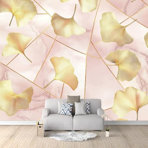 Papier Peint Intissé Feuilles De Ginkgo En Marbre Géométrique 200x140 cm Papier Peint Panoramique Moderne, Tableaux Muraux Tapisserie Photo, Papier Peint Mural pour Salon, Chambre, Fond Décor TV
