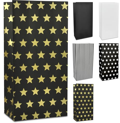 Frau WUNDERVoll® 60 Papiertüten mit Boden, schwarz matt goldene (metallic) Sterne, 12x7x24cm / Blockbodenbeutel Tüte Papierbeutel Geschenktüte Geschenkbeutel Gastgeschenk Hochzeit Falttasche