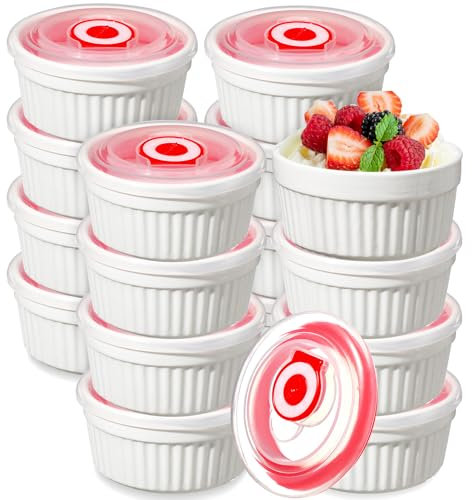 LOYIM 12 Pack 6 oz Ramekins with Lids Oven Safe Porcelain Creme Brulee Ramekins with Covers White Pudding Custard Cups Stackable Ramekins Ceramic Bowls for Baking Dishwasher Ice Cream Serving Dip