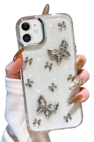 EYZUTAK Case for iPhone 11, Cute Bling Glitter 3D Bow Butterflies Case | Sparkly Crystal Clear Phone Cover, Bow Aesthetic Design, Slim Soft Durable TPU Transparent Protective Cover, for Women Girls
