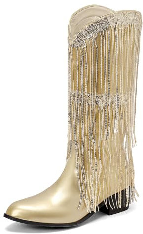 Diuniarza Donna Vernice Brillantini Stivali con Le Frange Moda Tacco a Blocco Mid Stivali Sparkly Appuntito Stivali Occidentali Festa Oro Numero 35 EU