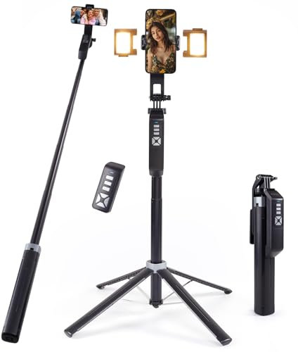 INMOZATA Selfie Stick Tripod with Light, 71 Extra Phone Tripod Stand for Filming with Detachable Bluetooth Remote, Extendable Tube Selfie Stick for iPhone, Android, Camera, Gopro
