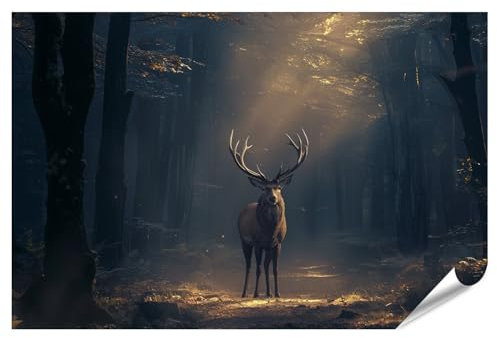 islandburner XXL Bild Poster Hirsch im magischen Sonnenlicht des Waldes für Wohnzimmer Naturliebhaber Boutique Premium Bilder Fotodruck