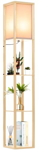 Ledivion Floor Lamp with Shelves, 3 Layers Wooden Shelf Lamp, Morden Tall Standing Lamp, Floor Lamps for Living Room, Bedroom, Office, Home Decoration, Includes 9w LED Bulb (2700K Warm White)