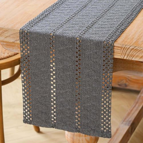 Jayusaror Tischläufer Grau Boho Makramee Modern Frühling Bauernhaus Klein Tischdecke Schmal Landhausstil Rustikaler Tisch Läufer Baumwolle Leinen Table Runner für Hochzeit Tabletop Deko 30x240 cm