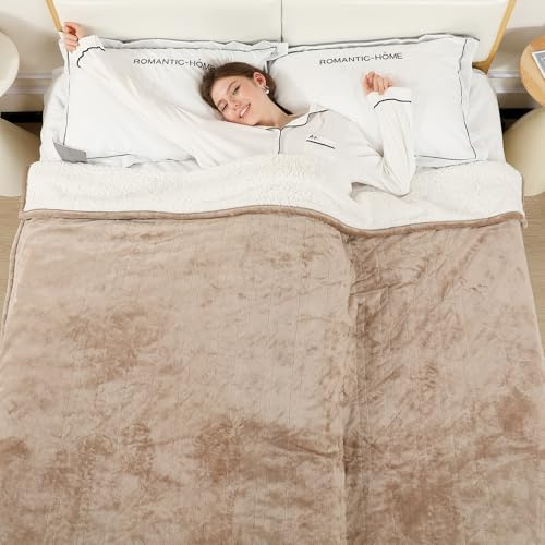 ESTINGO Elektrische Wärmedecke 200x150cm, Große Luxuriöse Beheizbare Decke | 6 Heizstufen, 10h Timer, Überhitzungsschutz, Weiches Flanell & Sherpa, Waschbar, Schnellheizend für Bett & Zuhause, Beige