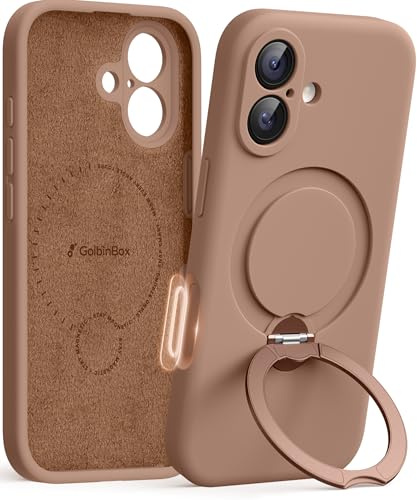 GolbinBox for iPhone 17 Case with 360° Spin Magnetic Stand, [Compatible with MagSafe][Full Camera Protection],Full Body Shockproof Liquid Silicone Phone Case with Ring Stand for iPhone 17 6.3'', Brown