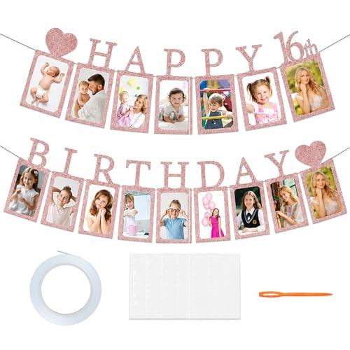 Sugfews Deko 16. Geburtstag MäDchen Rosegold, Fotogirlande Geburtstagsdeko, Foto Banner, Fotogirlande zum 16. Geburtstag, inkl. 16 Glitzerkarten für Fotos von MäDchen im Alter 1 bis 16 Jahre