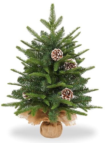 LILIIN 60 cm Mini albero di Natale decorativo in PVC + PE artificiale, piccolo albero di Natale con catena luminosa a LED, con scatola per batterie e base (set da 1 pezzi)
