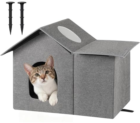 Outdoor Cat House Weatherproof for Winter, Large Feral Cat Shelter with Door & Soft Mat, Foldable Waterproof Outdoor Cats Houses for Stray Cats & Small Pets, Easy to Assemble, Grey