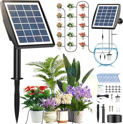 Irrigazione Automatica Energia Solare, Kit Irrigazione Automatica da Giardino con Tubo Lungo 15M e Gocciolatore, Adatto per Piante in Vaso da Giardino e Balcone All'aperto, Verdure