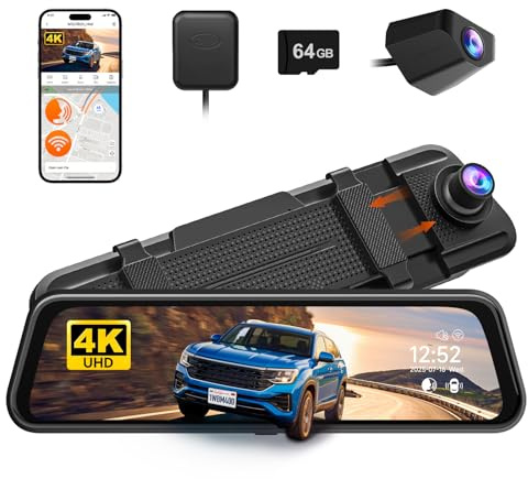 WOLFBOX M40 10” Rückfahrkamera Spiegel, 4K+1080P Dashcam Auto Vorne Hinten | Rückspiegel Kamera mit ADAS/BSD, Sprachsteuerung, Nachtsicht, Touchscreen, Integriertem Wi-Fi, Inklusive 64GB Karte & GPS