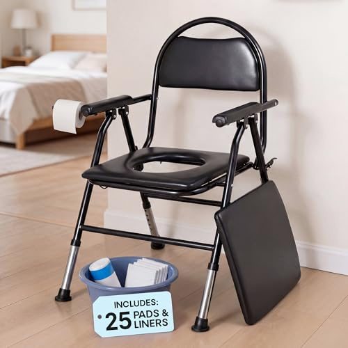 Commode Toilet Chair for Adults and Elderly - Includes 25 Liners and 25 Absorbent Pads - Folding Portable Toilet with Bucket - Bedside Commode Chair - Disabled Toilet for Bedroom - Bergmis