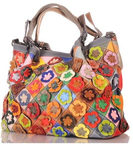 KMISSO Damen Leder Patchwork Handtasche 30681 – Umhängetasche & Henkeltasche mit Blumen-Applikationen, Reißverschluss, Innenfächer & Rückfach, buntes Design, 28 x 24 x 9 cm