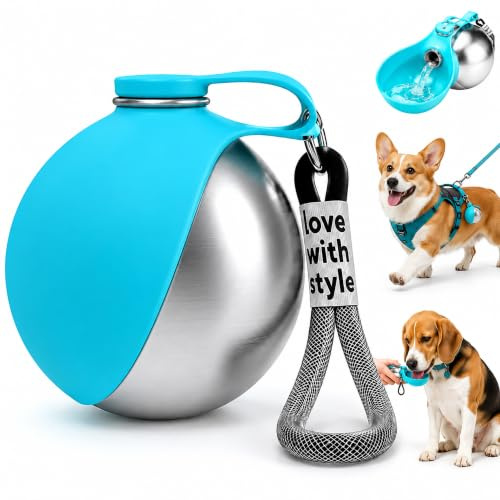 Portable Dog Water Bottle 285ml 2-in-1 Stainless Steel Pet Travel | Foldable Silicone Bowl, Leakproof Compact Dog Drinking Bottle for Walking, Hiking, Camping & Travel