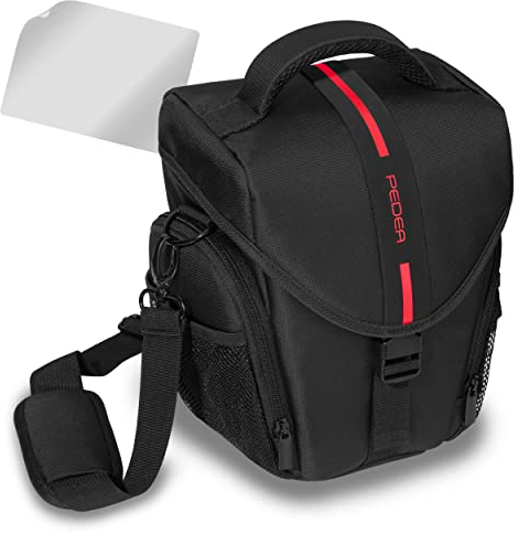 PEDEA DSLR-Kameratasche Essex mit Displayschutzfolie für Canon EOS 5DS R M6 M100 100D G1X Mark III SX740 / Nikon Z6 D850 / Panasonic Lumix DC GH5 GX800 / Sony Alpha 6000 6500, Gr. L rot