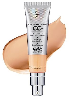 IT Cosmetics, Crème CC+ Anti-Âge Your Skin But Better, Haute Couvrance, Waterproof, Enrichi en Peptides, Collagène & Vitamines, Fini Naturel, 32 ml, Teinte : Neutral Medium