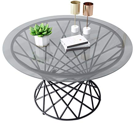 WXiaJ-Kaffetisch Schmiedeeiserner Couchtisch/kreativer Beistelltisch, lichtdurchlässige gehärtete Glasplatte, Tischgestell-Hohl-Design, verwendet in modernem Wohnzimmer, rund, schwarz