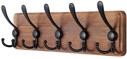 SKOLOO Garderobenleiste Holz, Vintage, Stabile Kleiderhaken Wand mit 5 Dreifachhaken, zum Aufhängen von Kleidung, Mantel, Hüten, Jacken, Rucksack, Hakenleiste Holz Vintagebraun