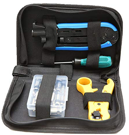 Herramienta de compresión, kit de crimpadora de cable coaxial, pelacables ajustables RG6 RG59 RG11 con 20 conectores de compresión F