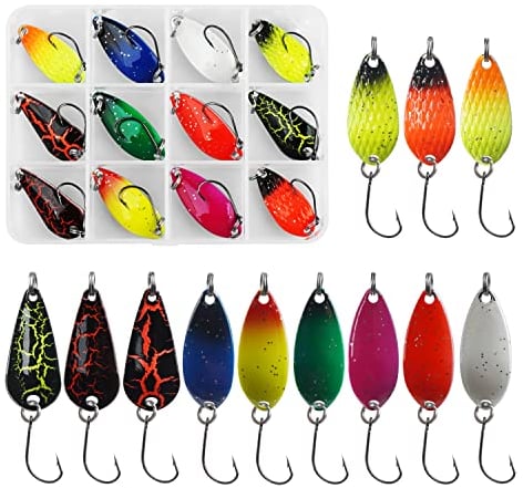 Trout Fishing Spoons Lure Kits-12pcs/set Fishing Spinners Kit Hard Metal Baits Single Hook with Plastic Box for Trout, Char Pike and Perch Fishing Accessories (SET A)