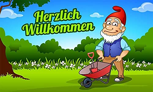 Fahne Flagge Gartenzwerg - Herzlich Willkommen 90x150 cm Fahnen Hissfahne mit Ösen Zwerg