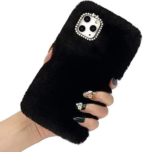 Awenroy for iPhone 11 Pro Max Plush Case Flexible Silicon Soft Fluffy Furry Cute Case Shockproof Back Bumper Cover with Glitter Diamond Bowknot Case - Black