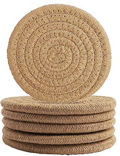 6Pcs Round Woven Coasters - Heat-Resistant Beverage Coasters for Household and Kitchen