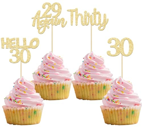 Gyufise 24Pcs Gold Glitter 30th Birthday Cupcake Toppers Hello 30 Cake Decorations Again 29 Thirty Cupcake Picks for 30th Birthday Cake Decorations Supplies