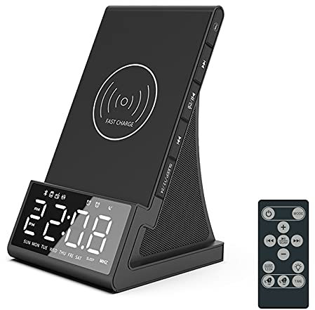 Mingfuxin Alarma de carga inalámbrica con radio FM, altavoz Bluetooth con puerto de cargador USB, cargadores inalámbricos compatibles con iPhone 13 Pro Max/13 Mini/12/11/8, Samsung S20 FE 5G/S21Plus