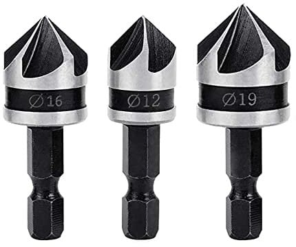 Bestgle 3pcs 1/4 Inch Shank 5 Flutes Countersink Chamfer Drill Bits, 90 Degree Chamfering Cutter Chamfer Tapered Bit Set for Woodworking Metalworking, 12mm 16mm 19mm