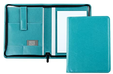 DELMON VARONE - Tablet Schreibmappe mit Reißverschluss inkl. Notizblock DIN A5 50 Blatt veganem Eco Kunstleder Türkis - Organizer Konferenzmappe mit Stifthalterung & Einsteckfach - Organisationsmappe