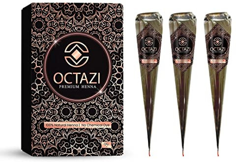 OCTAZI Henna Cones Brown Indian Mehendi Cones For Temporary Body Art Tattoo Mehindi All Natural Organic Herbal Pure Mehndi Henna Paste Cone For Festival, No Chemicals, No Dyes, Ready To Use (3 Cones)