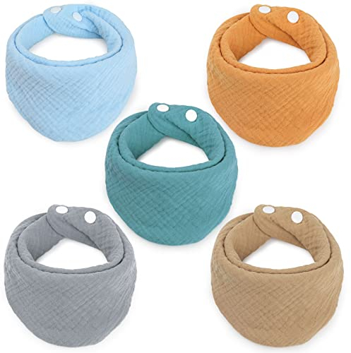Geepen 5 Stück Lätzchen Baby Dreieckstuch Baby Musselin Halstuch Baby mit 2 Verstellbaren Knöpfen 100% Baumwolle Doppelschicht Weich und Saugfähig für Junge und Mädchen 0-12 Monate