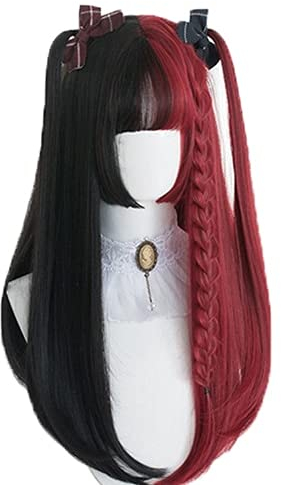 Lolita Perücke, 60 cm/65 cm, schwarz, gemischt, rot, hitzebeständig, Pony, Cosplay, Perückenkappe A120, gerade