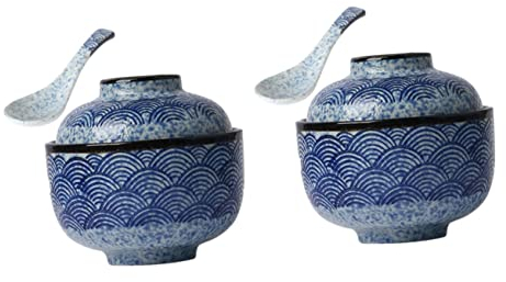 DOITOOL 2 Sets Keramik Schmortopf Geschirr Sets Ramen Schüssel Mit Deckel Japanische Suppenschüssel Reis Miso Schüssel