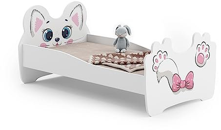 KOBI Letto per Bambini con Sponde ANIMALI | Bianco Gatto Rosa Lettino Bambina | 140 x 70 CM | Lettino Bambino con Materasso | Lettini per una Ragazza un Ragazzo | Letto Bimbo Singolo