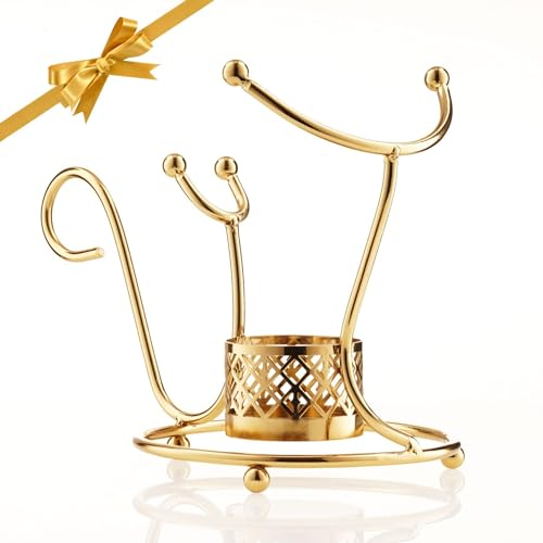 Hemswell Crystal Brandy Warmer Gift Set in Stunning Gold - Tea Light Holder and Metal Stand - Great for Brandy Snifter Glass, HC07BWG