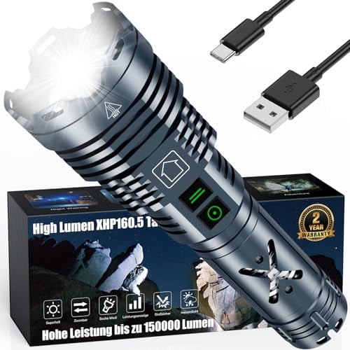 Amzyigou Torches Led Super Bright 150000 Lumens, Xhp160.5 Rechargeable Torch, Powerful Tactical Torches with Zoomable, Waterproof, Torch Gadgets for Men, 6 Modes for Camping and Emergencies