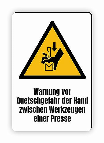 Warnzeichen (W030) Warnung vor Quetschgefahr der Hand zwischen Werkzeugen einer Presse - Eckiges Warnschild mit Text - nach DIN EN ISO 7010