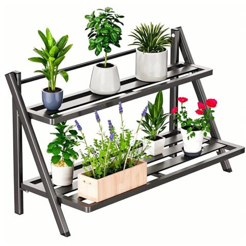 DHYGOTFUR Blumenständer Pflanzenregal Mehrstöckig Draußen& Innen Aluminium, Pflanzentreppen Blumenregal für Garten, Balkon, Terrasse, Hof, Zimmerecke, Wohnzimmer (2 Ablagen)