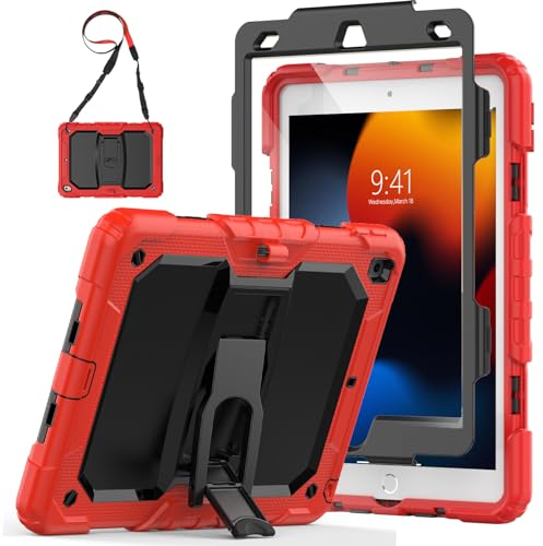 SEYMAC Custodia per iPad 10.2 Pollici (iPad 9a/8a/7a Generazione), Custodia per iPad 9 Generazione, Custodia Antiurto con Protezione Schermo/Supporto Pieghevole/Portapenne per 2021/2020/2019, Rosso