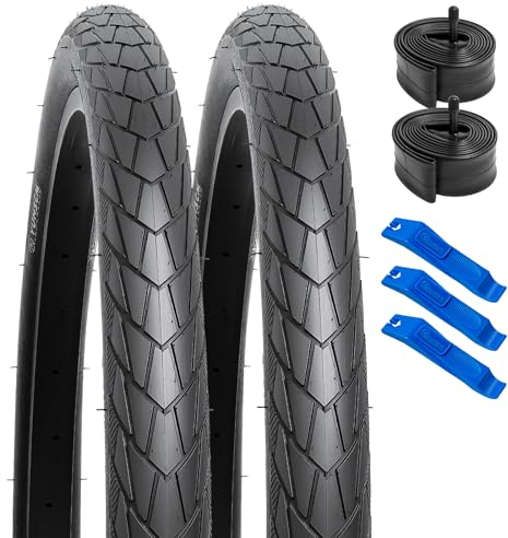 YunSCM 2er-Pack 60TPI Nylon Pannensicher 26 Zoll Reifen 26x1.50 Mantel 40-559 und 2er-Pack 26 Zoll Schlauch AV32mm Ventil kompatibel 38-559 26x1.50 26x1.75 47-559 Reifen und Schlauch