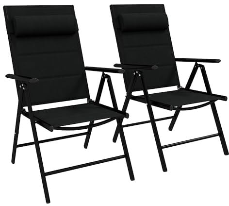 Outsunny Set of 2 Patio Folding Chairs with Adjustable Back, Aluminium Dining Chairs with Breathable Mesh Fabric Padded Seat and Backrest, Headrest for Outdoor Garden Lawn, Black