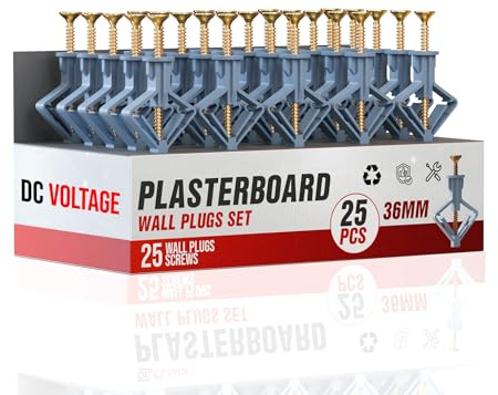 DC VOLTAGE 25 Plasterboard Wall Plugs and Screws Set(25 Wall Fixing Expansion Plug Anchor Bolts +25 Screws), Heavy Duty Expansion Tube with Countersunk for Hollow Drywall