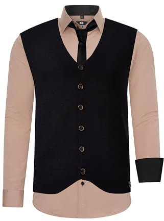 Rusty Neal Herren Hemd Weste Krawatte 3er Set Hochzeit Party Oberteil Outfit Kontrasthemd & Schwarz Weste & Krawatte Einfarbig S M L XL XXL 3XL 4XL 5XL 6XL Set 44_412_99, Größe:4XL, Farbe:Beige