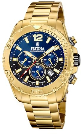 Festina Herrenuhr Analog aus Edelstahl 316l Goldfarben F20684/2 | Quarzwerk, Chronograph, Kalender, Robustes Mineralglas
