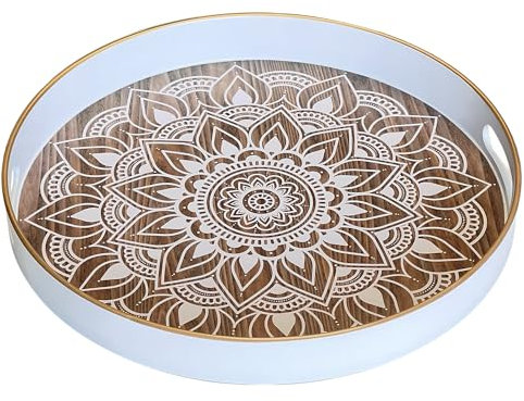 Simmer Stone Round Decorative Tray, Plastic with Handles, Modern Vanity and Serving for Ottoman, Coffee Table, Kitchen and Bathroom, Size 13 INCH (Grey)