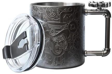 SKY FISH Personalised Coffee Mug, Stainless Steel Cool Coffee Cup, Funny Office Gift for Man Colleague, Novelty Drinking Glasses with Rotating Gyro Handle, Includ Lid and Straw (Grey, 350ml)